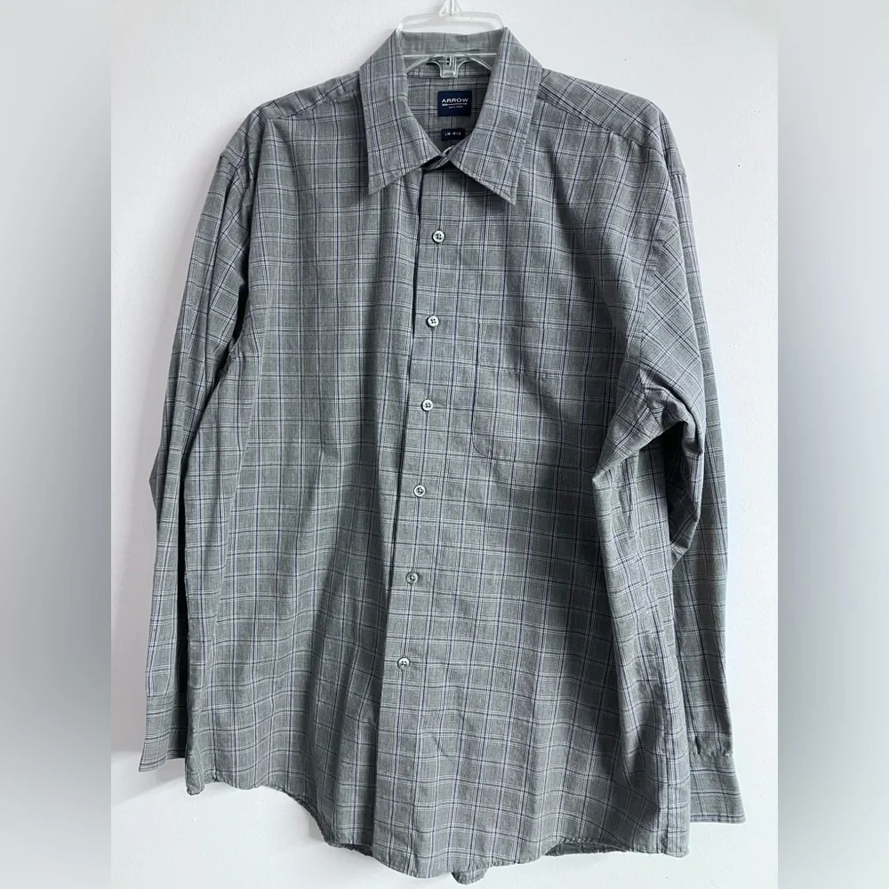 Wrinkle Free Long Sleeve Men’s Dress Shirt, L 16-16 1/2, Gray Plaid, by Arrow